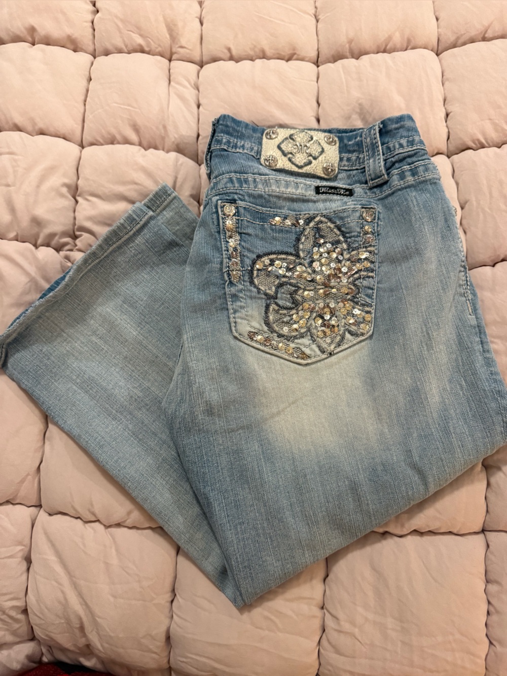 Miss Me Light Blue Bootcut Jeans with Sequin Embellished Pocket